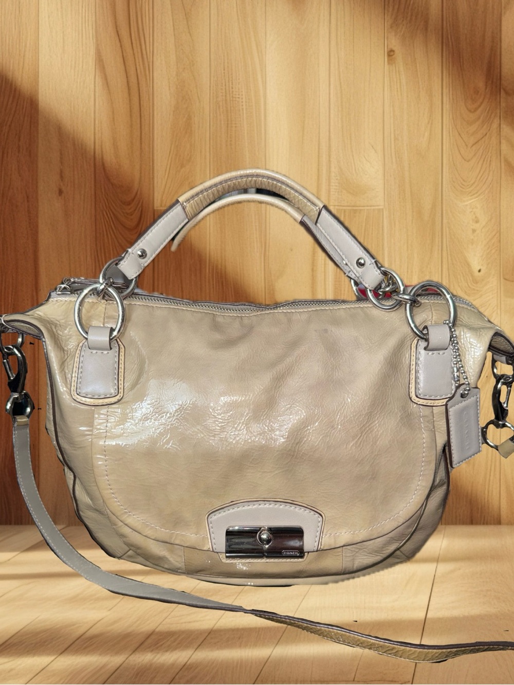 Coach Kristin 19297 Taupe Patent Leather Round Satchel Crossbody Bag